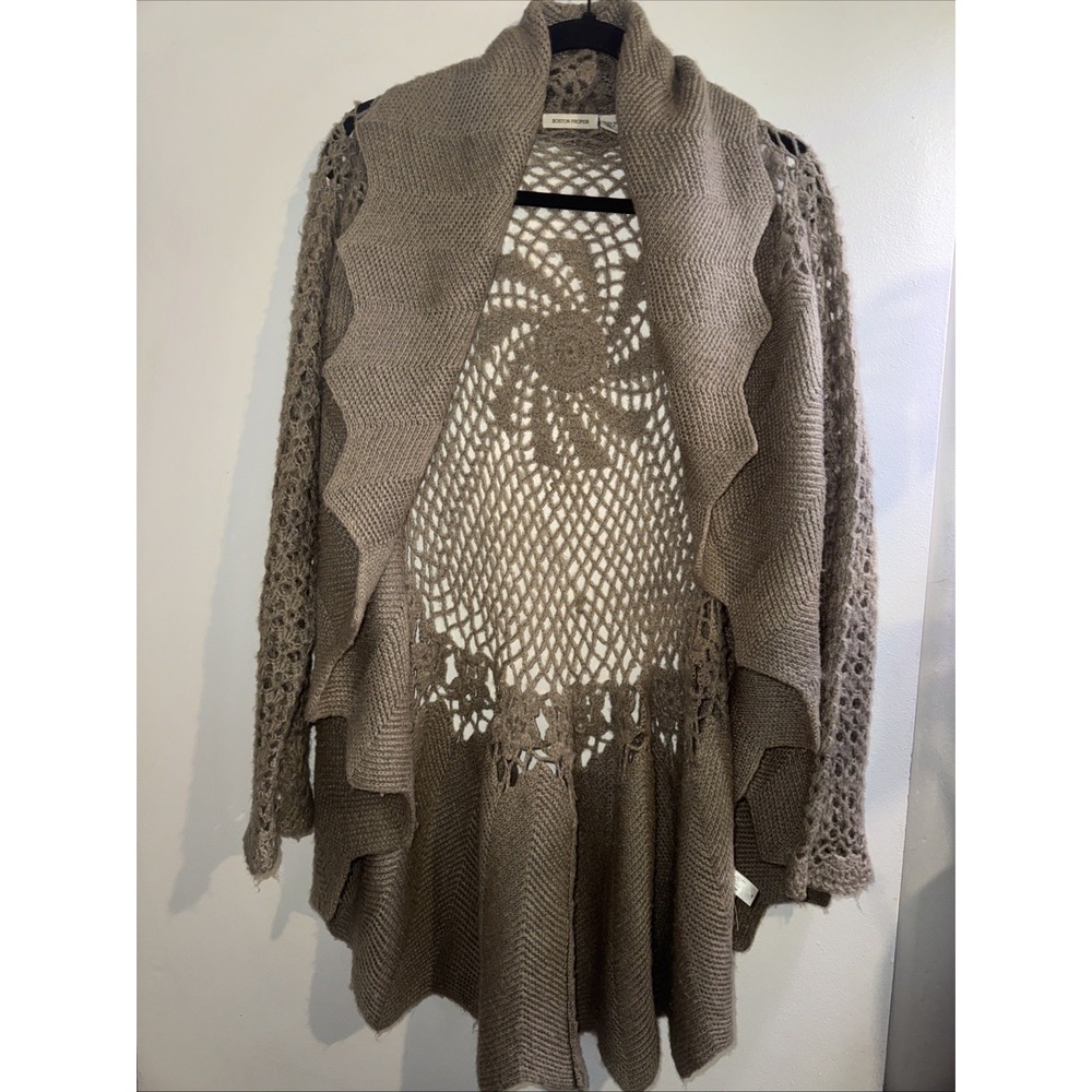 Boston Proper Brown Crochet Circle Back Draped Open Front Cardigan Sweater M